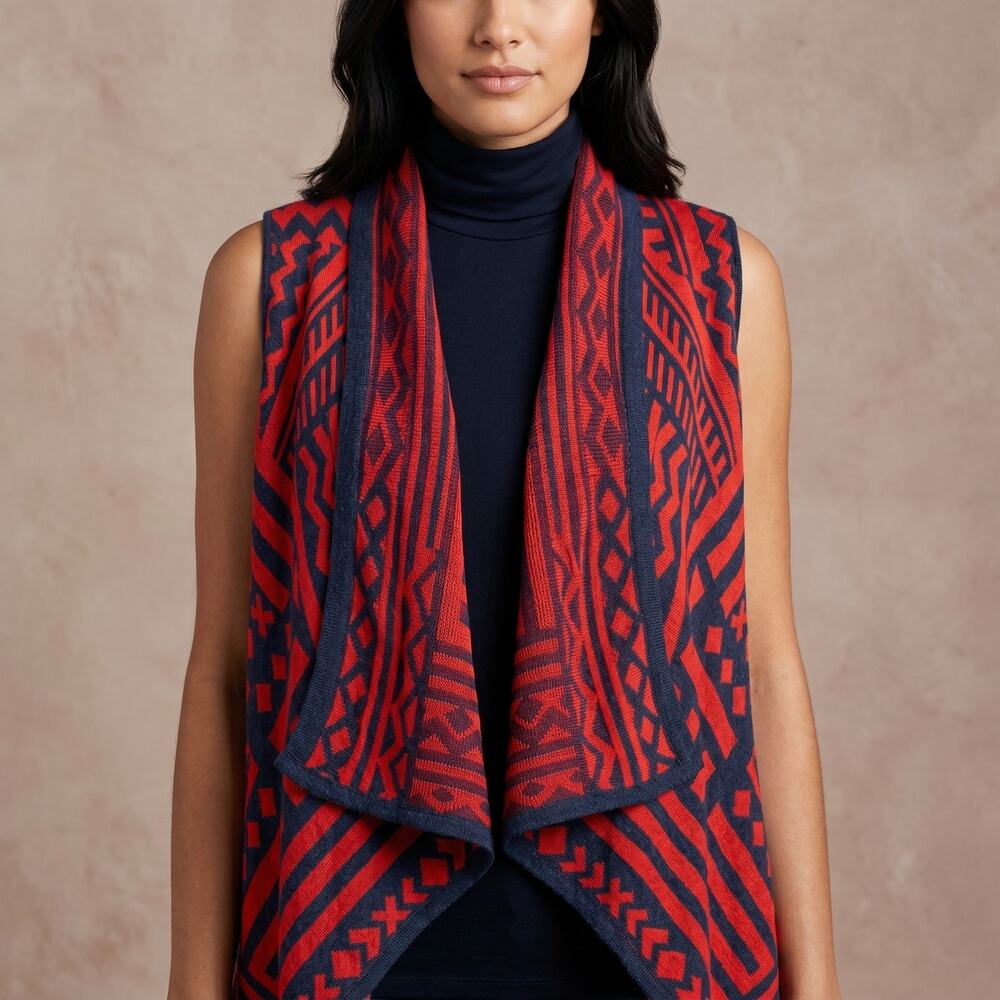 Say What? Women's Vest Geometric Aztec Waterfall Draped Open Front Boho Red M